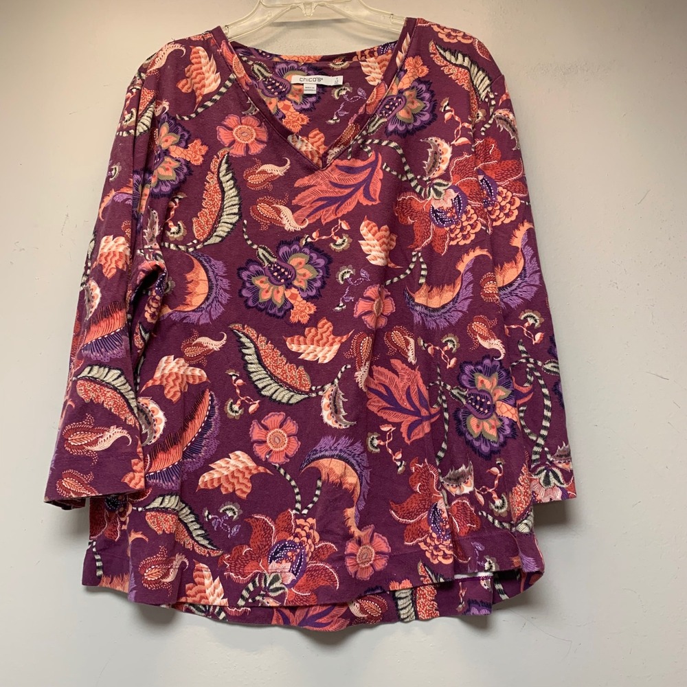 Chico's Top Women 4 XXL Purple Floral Paisley Pima Cotton V-Neck 3/4 Sleeve